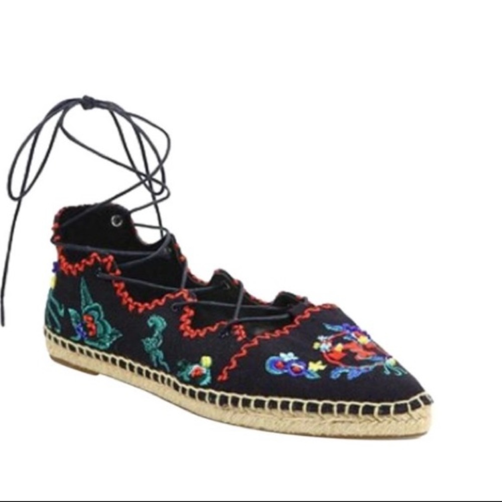 Tory Burch Blue Embroidered Sonoma Lace-up Espadrille Flats